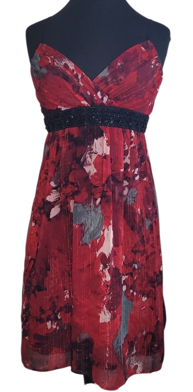 VTG Y2K Red Floral Party Dress Beaded Waist Retro Goth Fairycore 8 Romantic